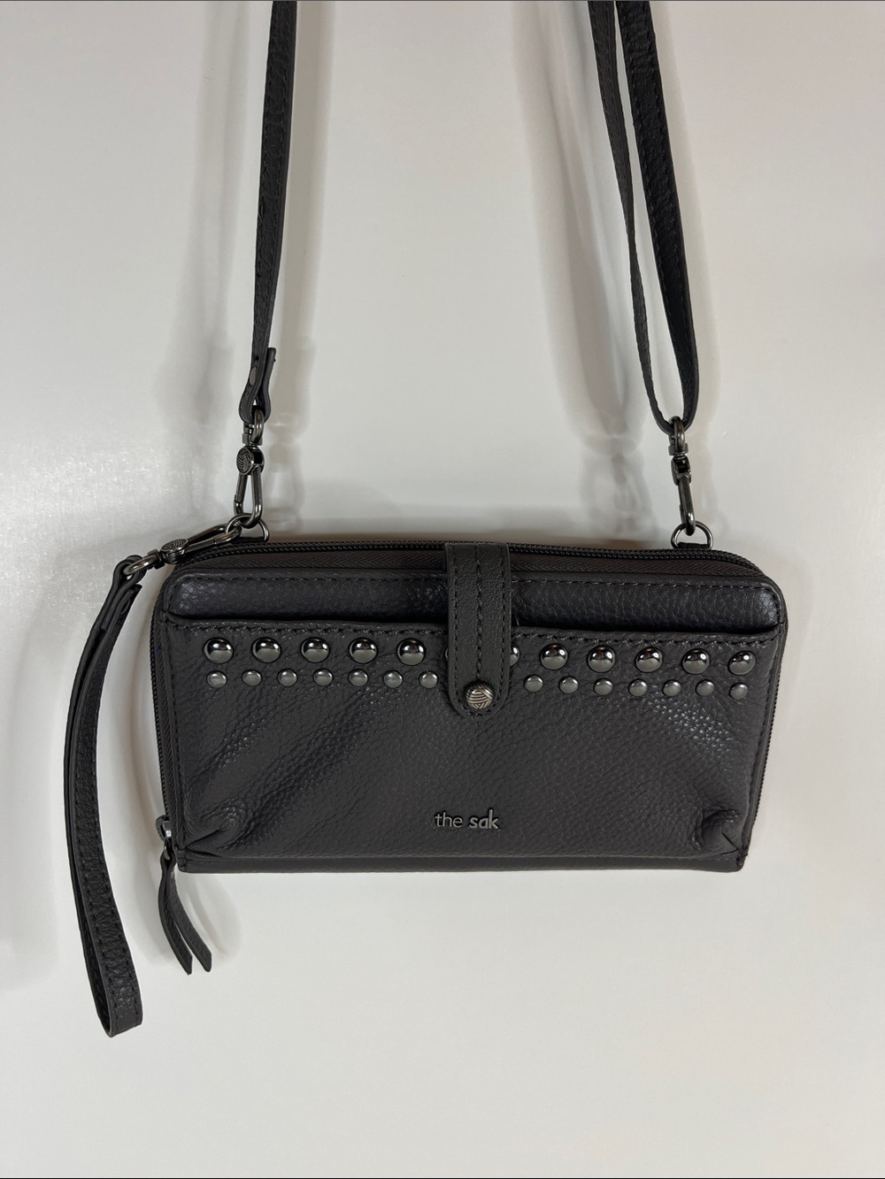 The Sak Phone Crossbody or Wristlet Wallet in Studded Grey soft pebbled leather